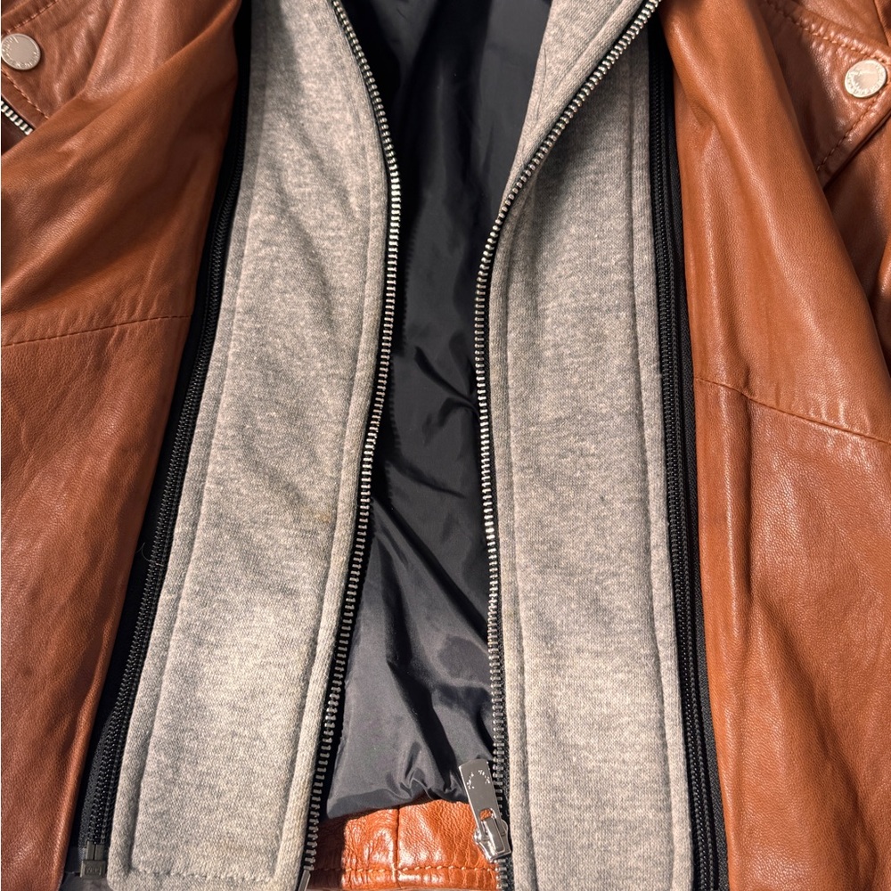 Bod & Christensen Brown Leather Jacket with Gray Hood - Picture 7 of 8